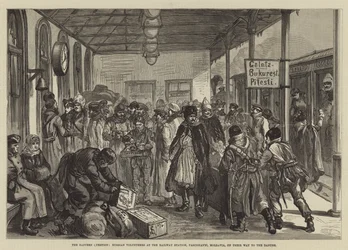 The Eastern Question, Russian Volunteers at the Railway Station, Paschkanyi, Moldavia, on their Way to the Danube